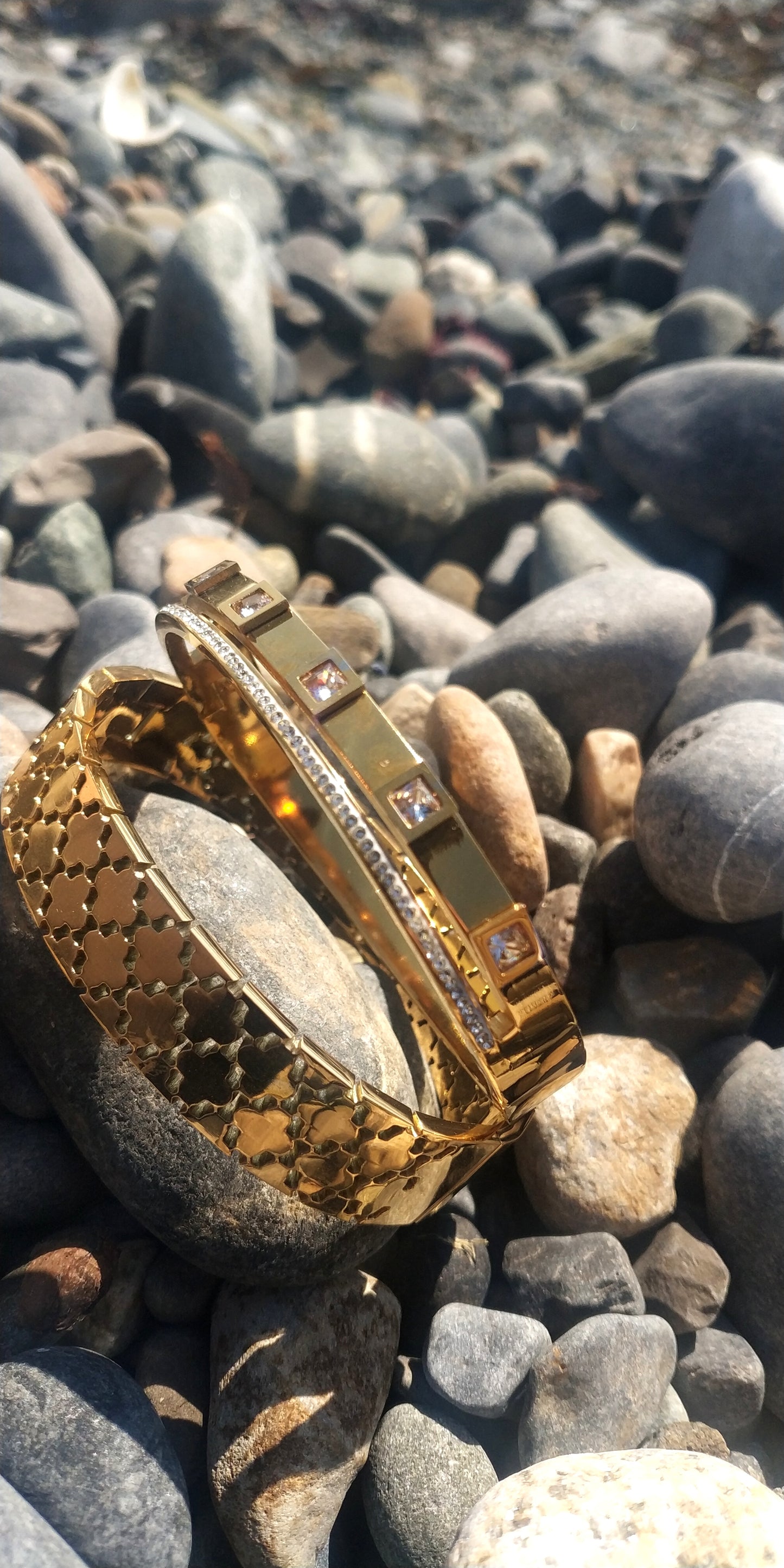 Double Stainless Steel Cuff Bracelet with Square Crystals and Rhinestones