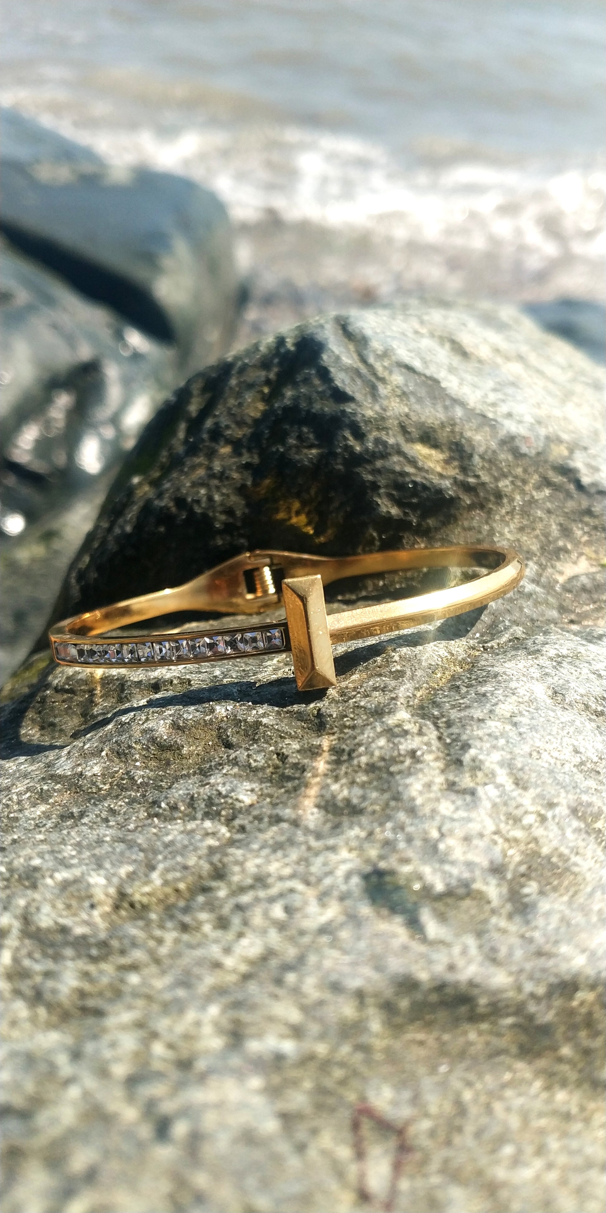 Stainless Steel Geometric Cuff Bracelet with Crystal Accents