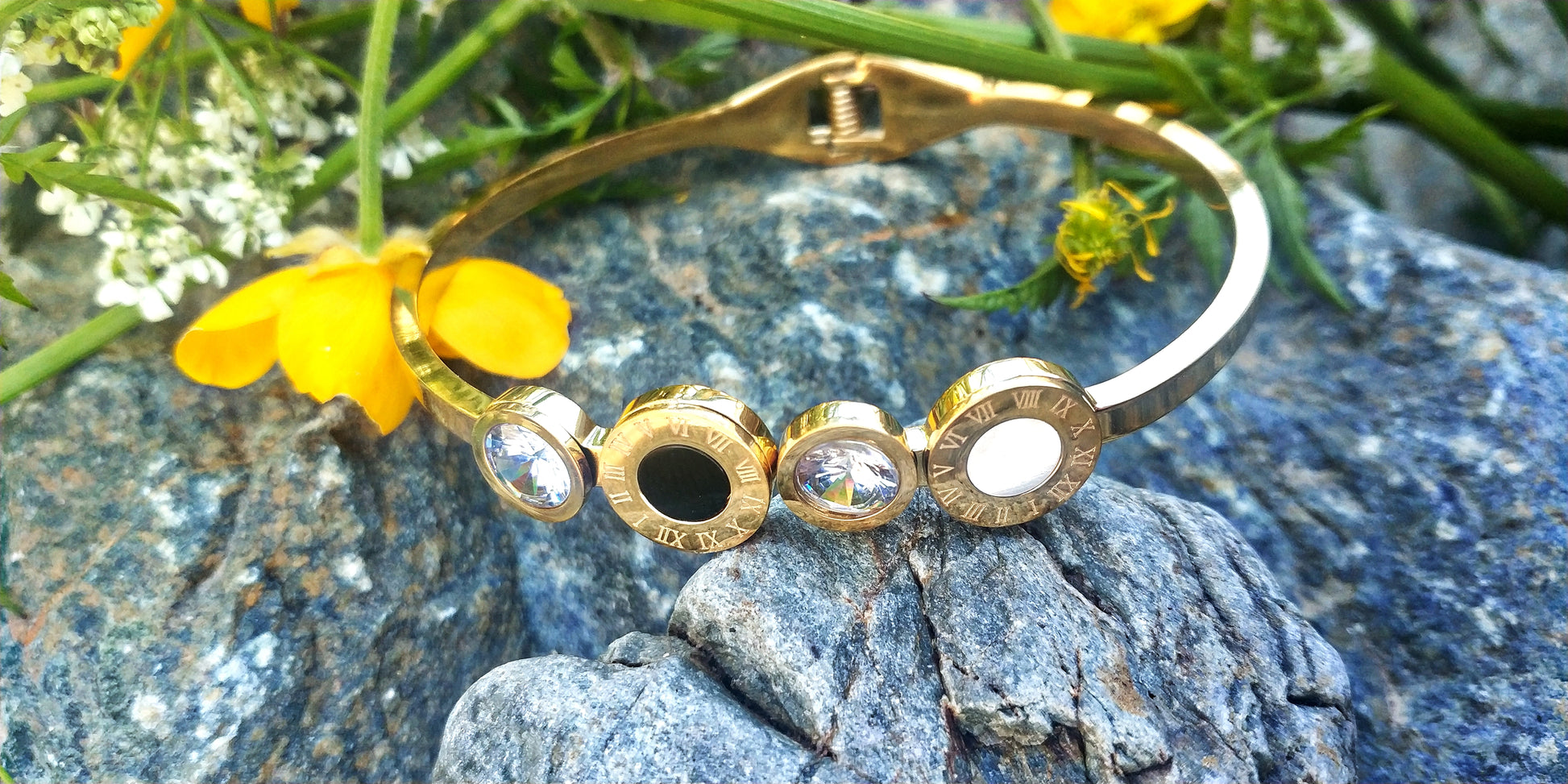 Stainless Steel Bracelet with Stones, Mother of Pearl & Roman Numerals