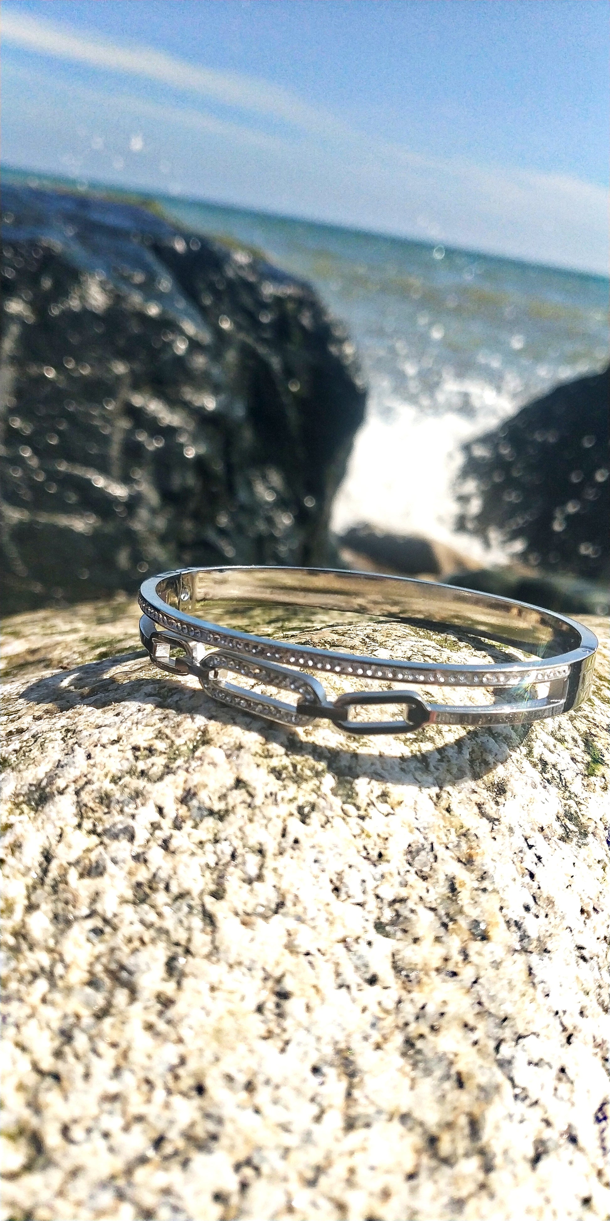 Stainless Steel Double Row Bracelet with Rhinestone Detailing