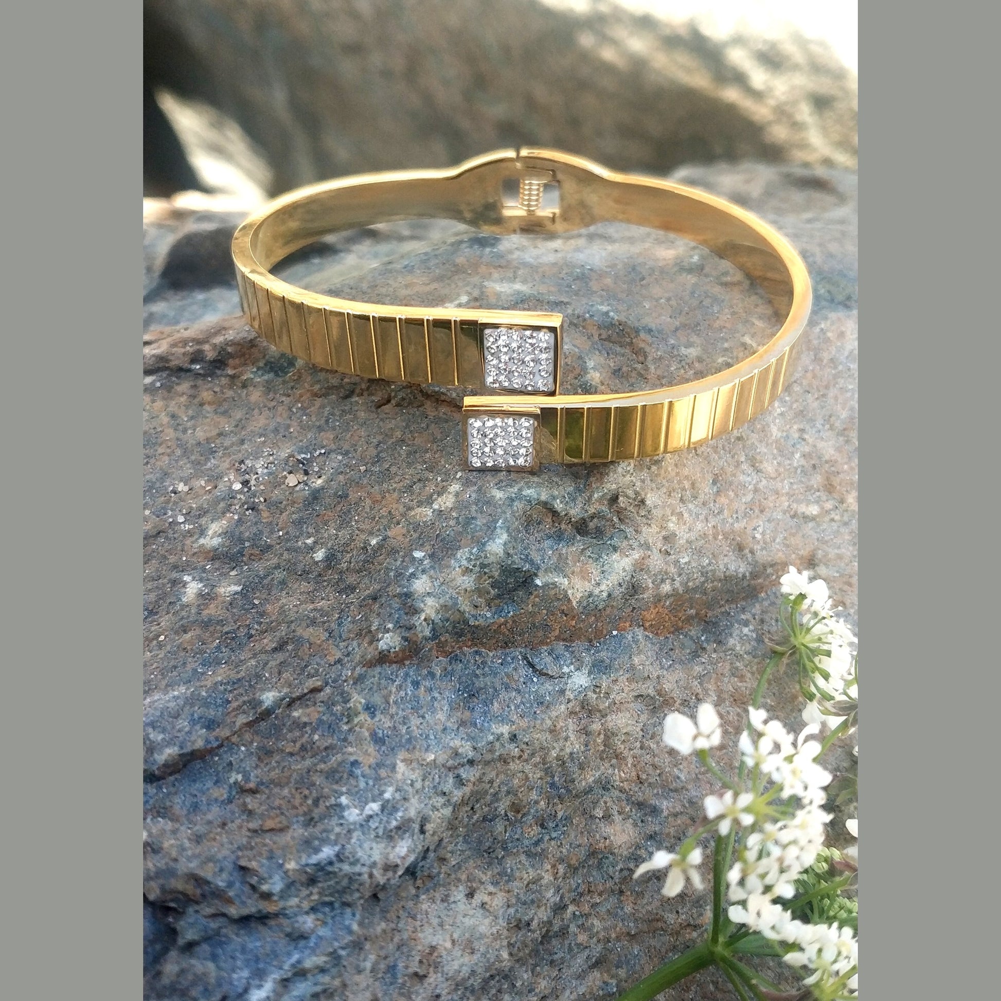 Stainless Steel Watch-Link Bracelet with Square Rhinestone Details