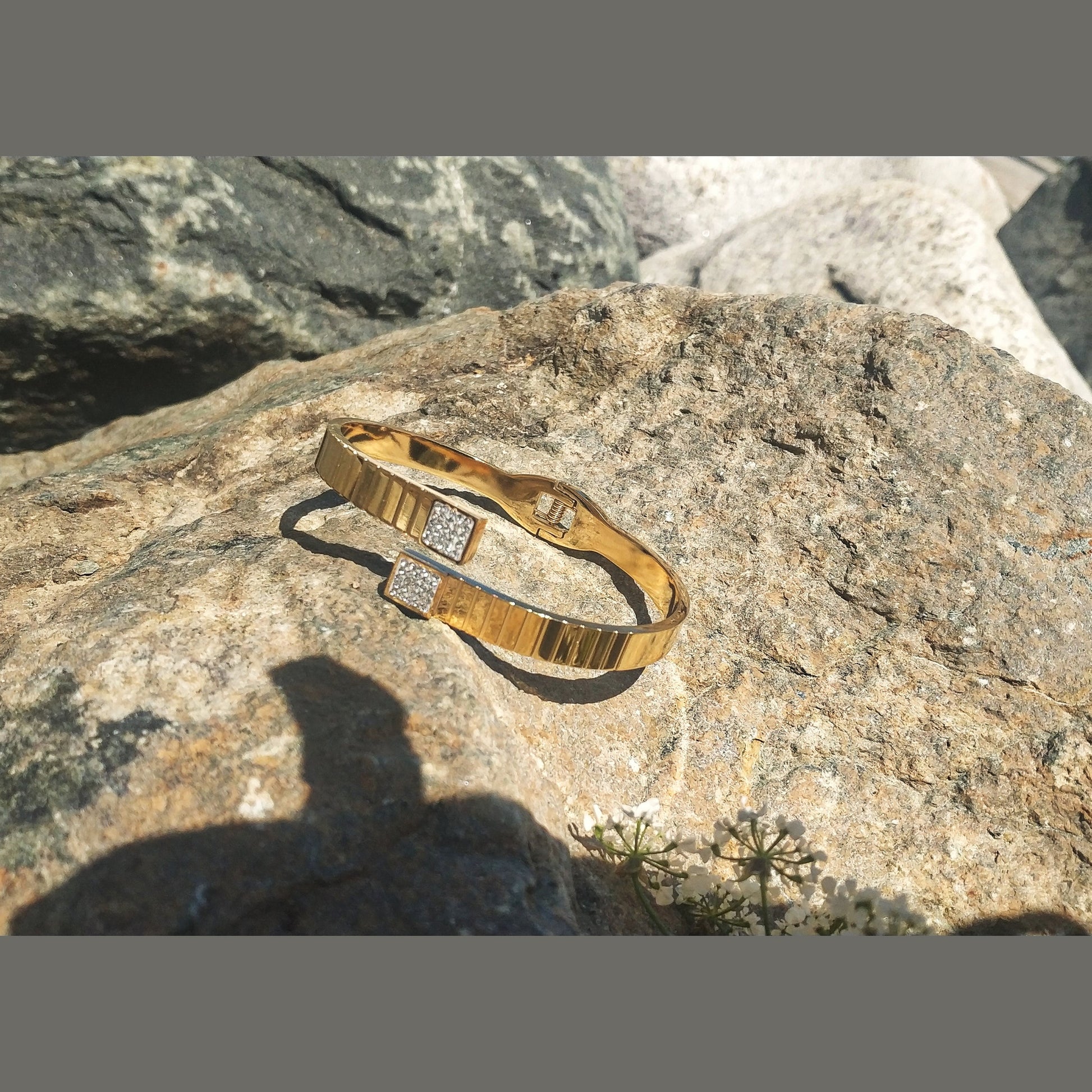 Stainless Steel Watch-Link Bracelet with Square Rhinestone Details