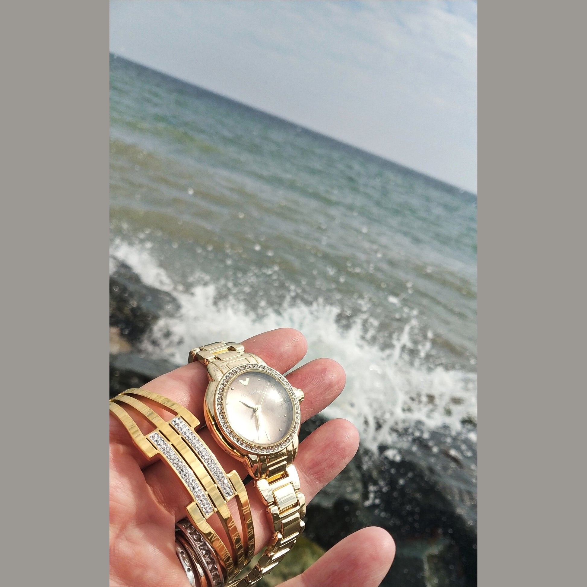 Stainless Steel Cuff Bracelet with Roman Numerals and Geometric Rhinestone Accents