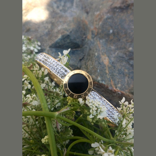 Bracelet Elegant Stainless Steel with Black Mother of Pearl, Roman Numerals & Rhinestones