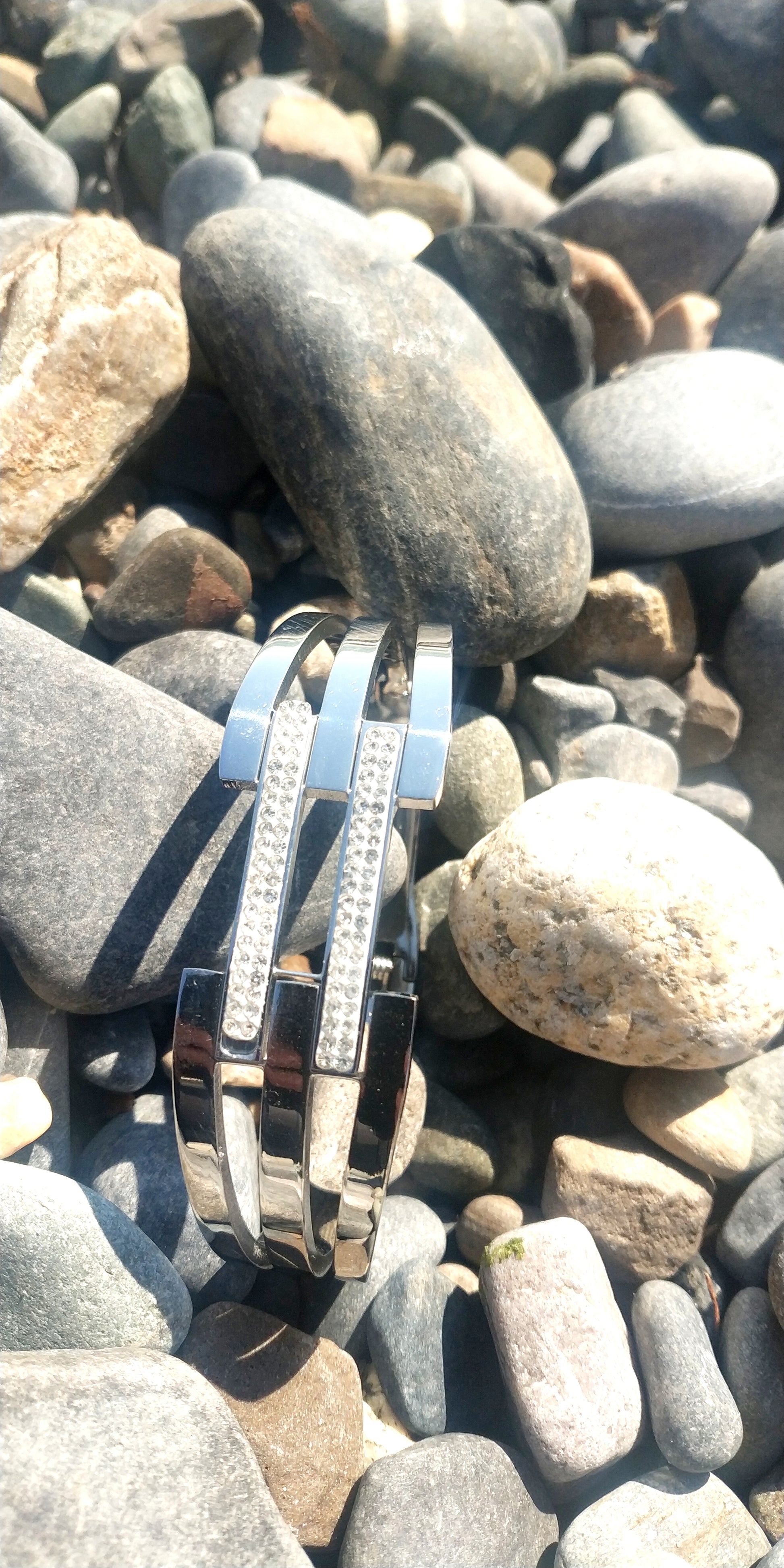 Wide Triple-Row Stainless Steel Bracelet with Central Geometric Rhinestone Connectors