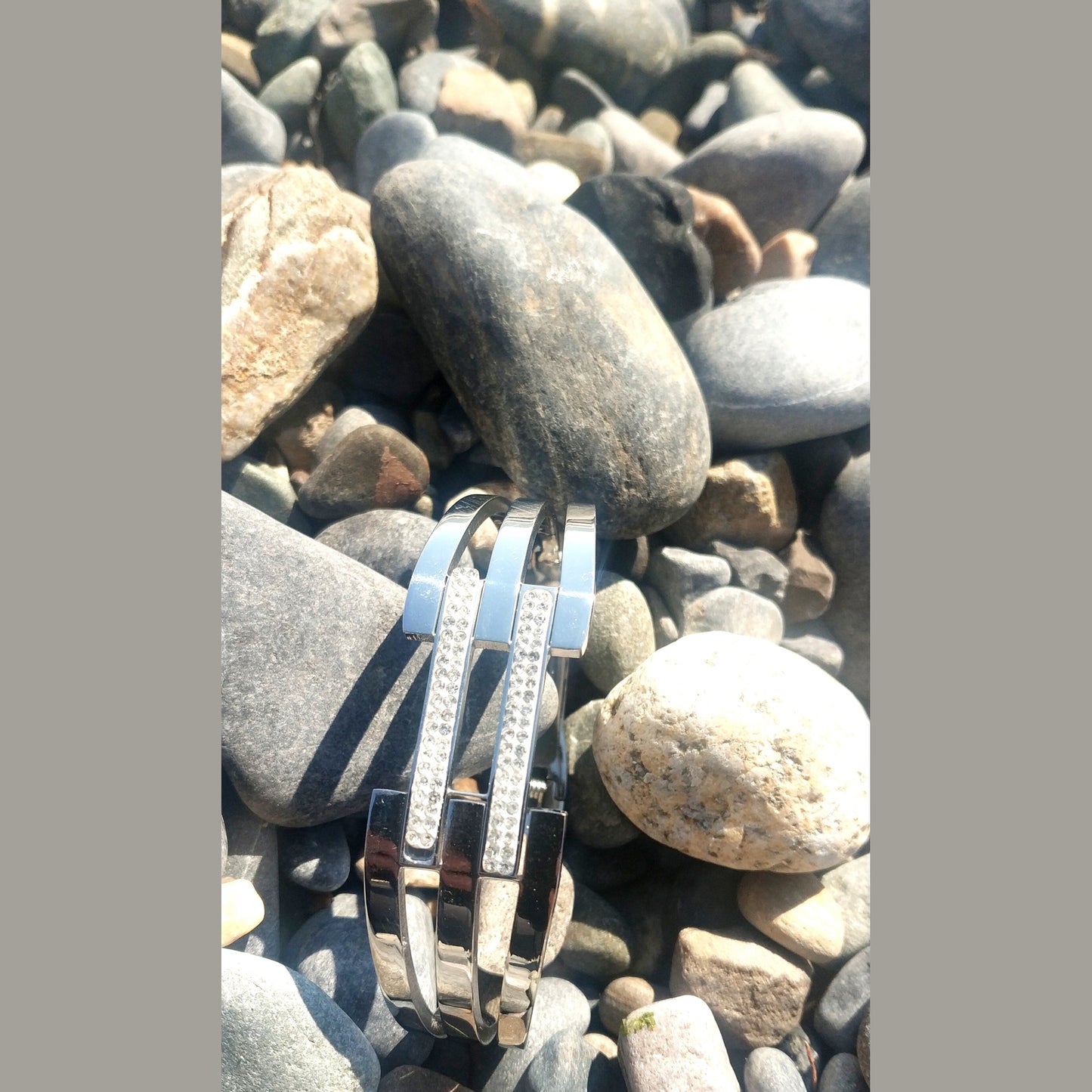 Wide Triple-Row Stainless Steel Bracelet with Central Geometric Rhinestone Connectors