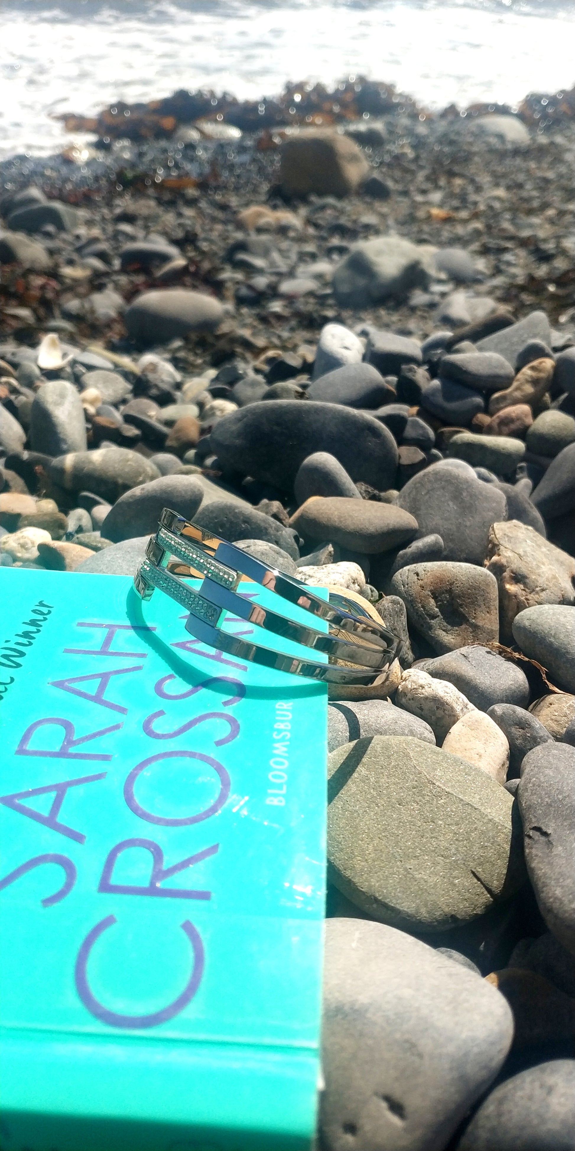 Wide Triple-Row Stainless Steel Bracelet with Central Geometric Rhinestone Connectors