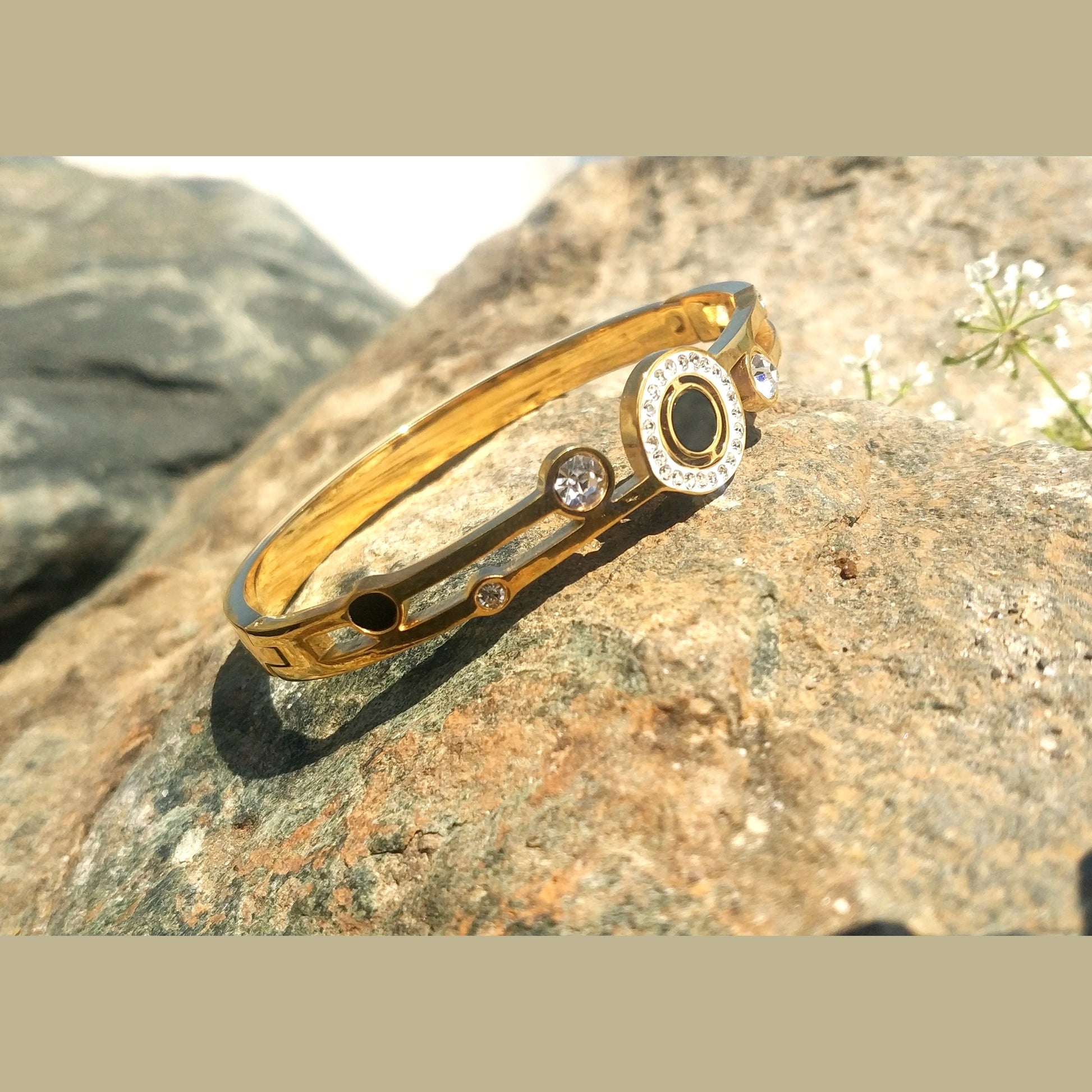 Stainless Steel Bracelet with Black Solitaire and White Crystal Accents