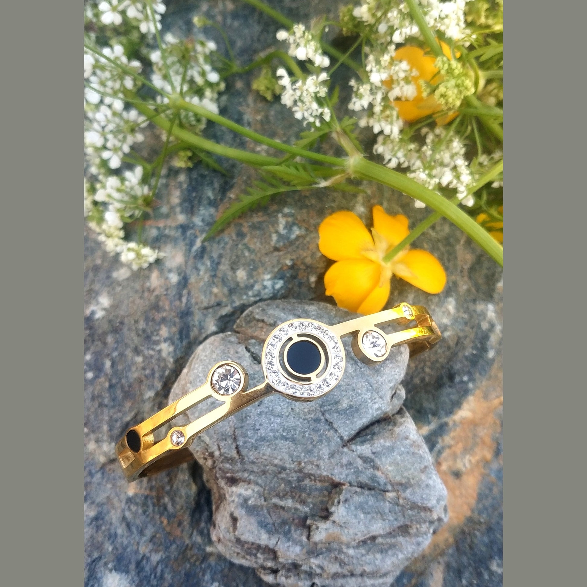 Stainless Steel Bracelet with Black Solitaire and White Crystal Accents