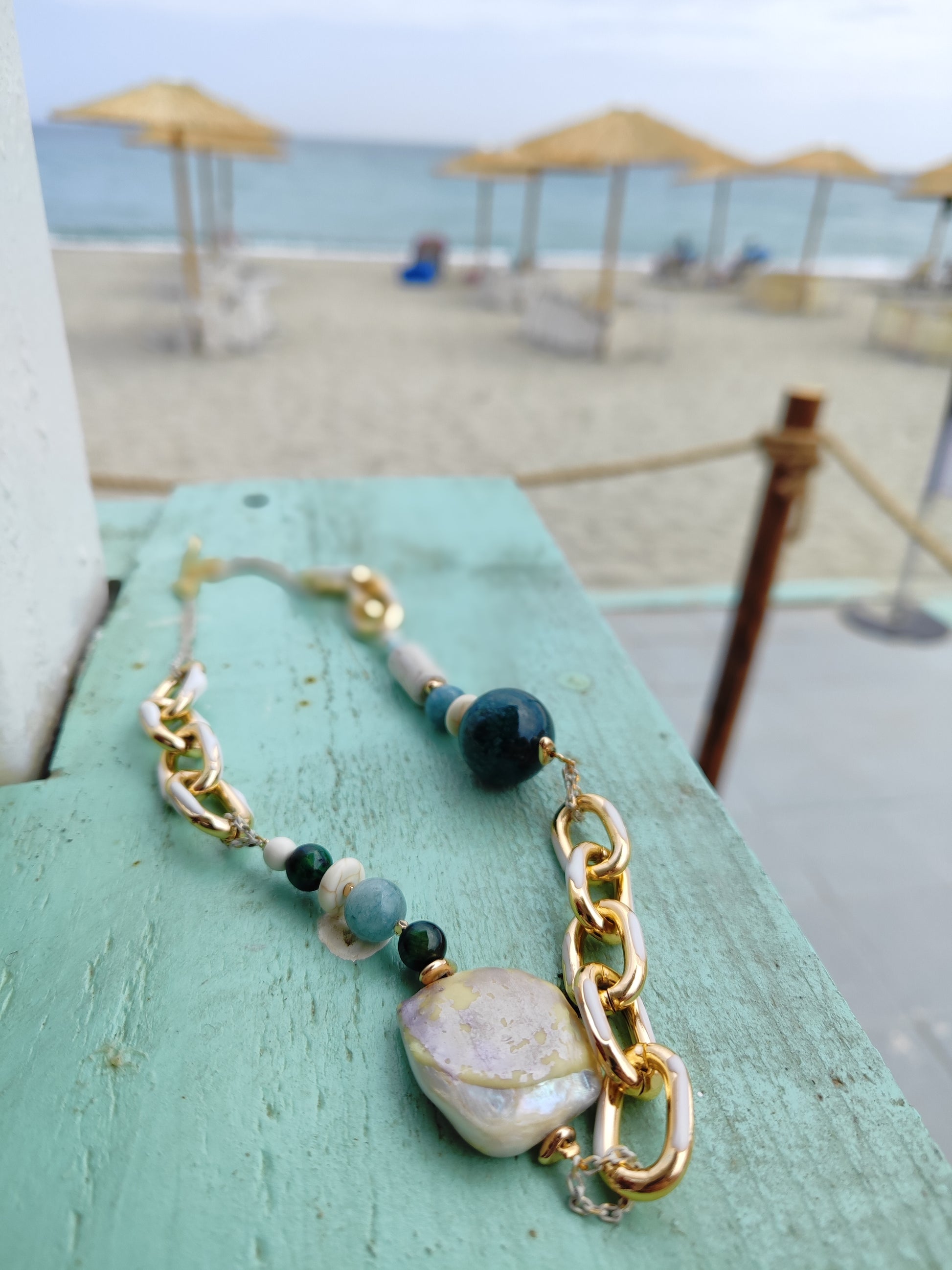 Handmade Green Gemstone & Mother of Pearl Necklace – 18K Gold Plated & Hypoallergenic