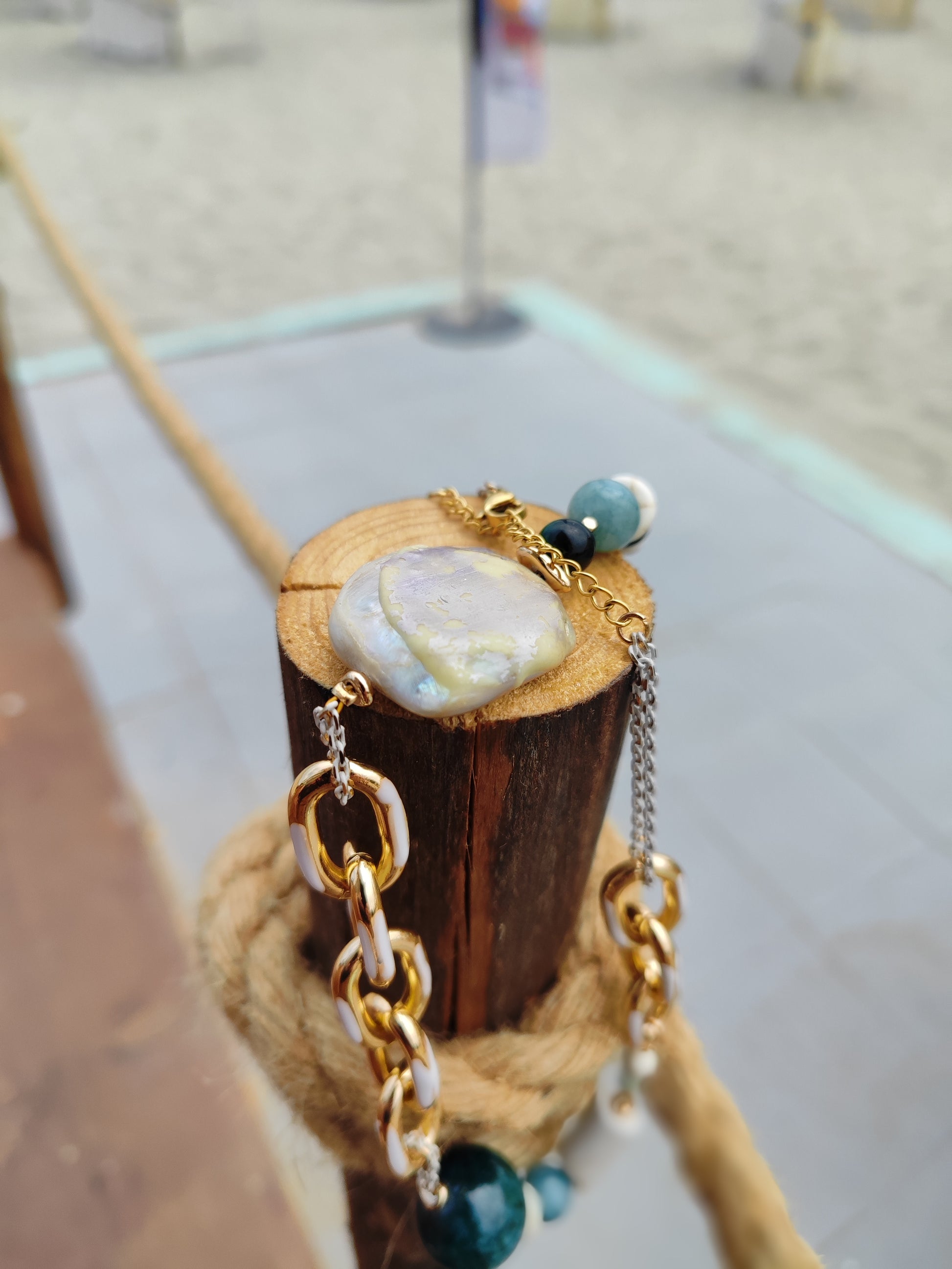 Handmade Green Gemstone & Mother of Pearl Necklace – 18K Gold Plated & Hypoallergenic