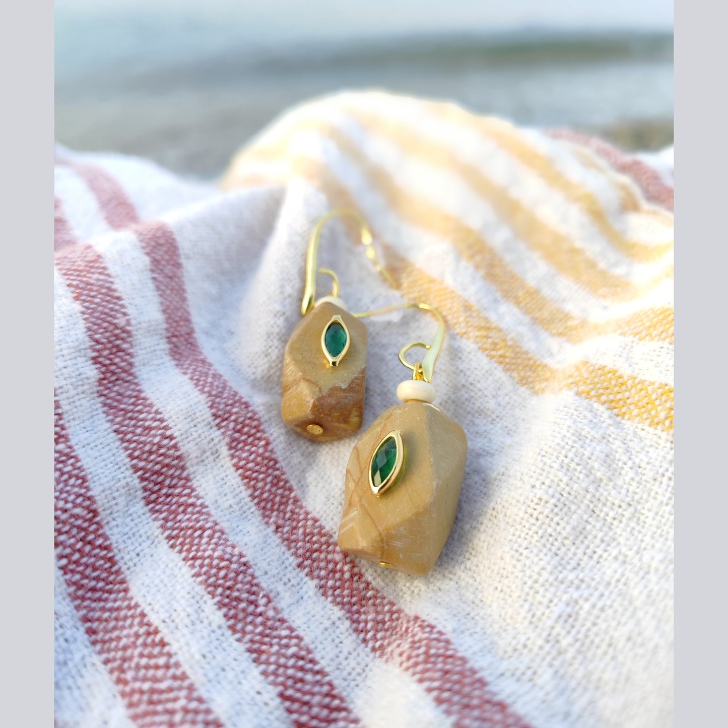 Handmade 18K Gold Plated Evil Eye Earrings with Crystal on Natural Stone – HNSE 7 - CF fashion