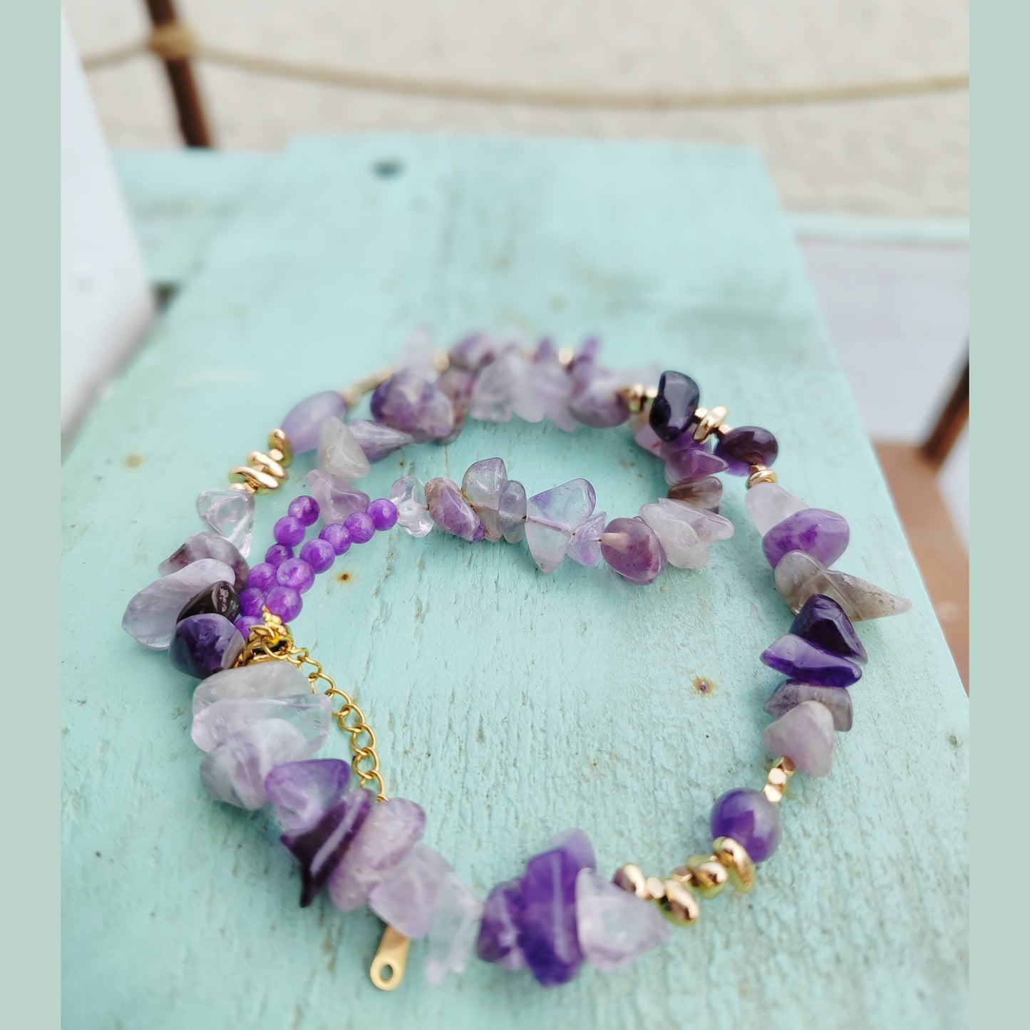Handmade Amethyst Chip Necklace – Natural Purple Gemstones & Gold Plated Accents