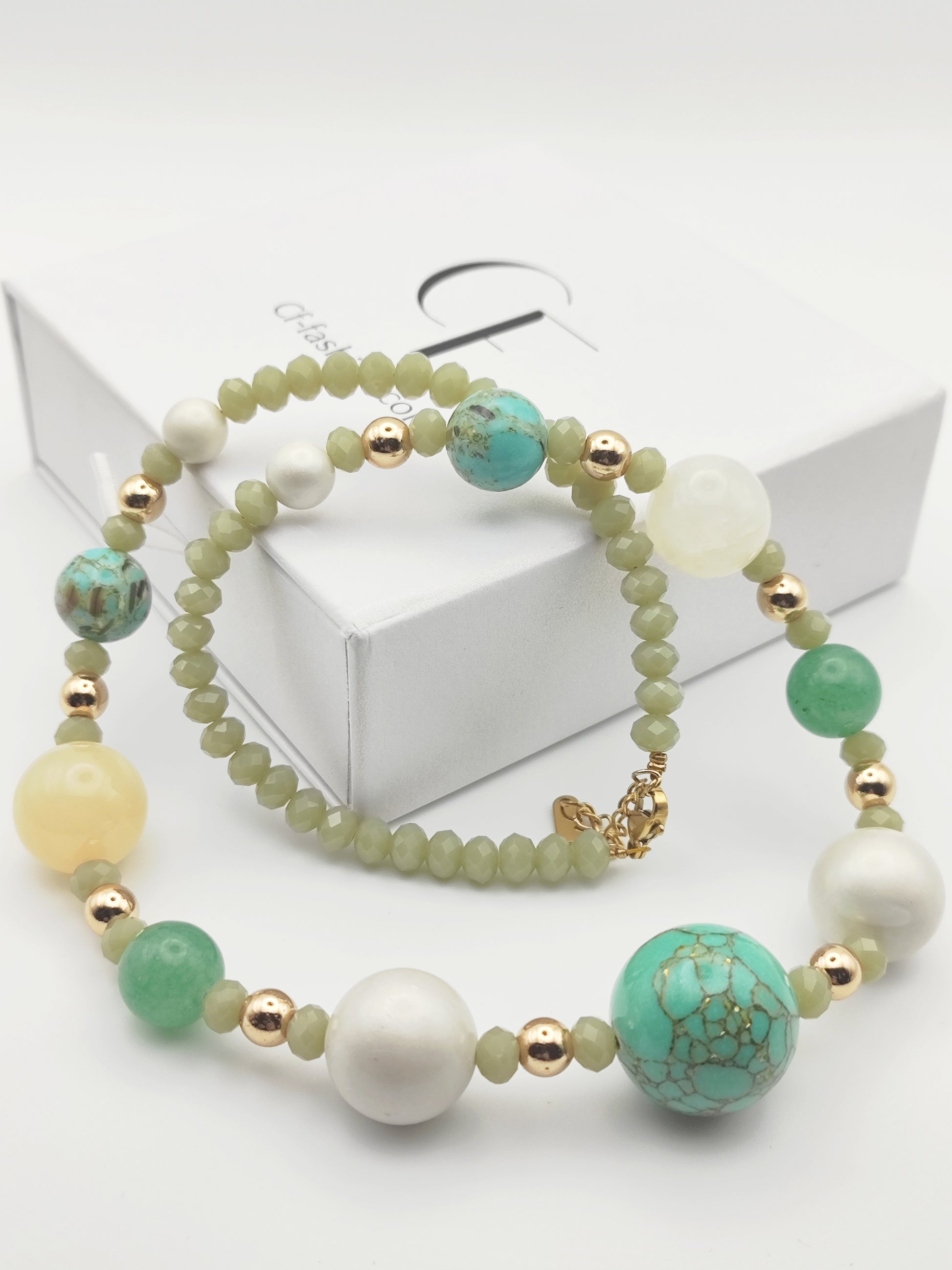 Handmade Natural Gemstone Necklace with Turquoise & Aventurine – 18k Gold-Plated Accents