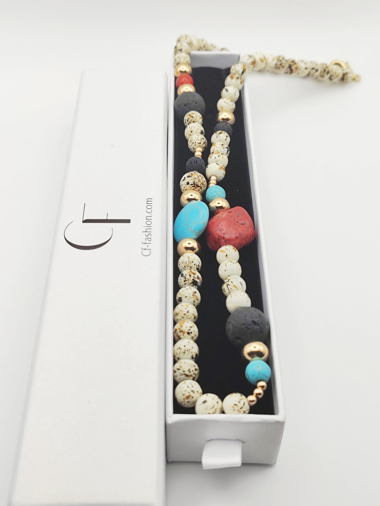 Handmade Natural Stone Necklace – Red Coral, Turquoise & Lava Beads – 18K Gold Plated & Hypoallergenic - HNSN 723 - -CF fashion