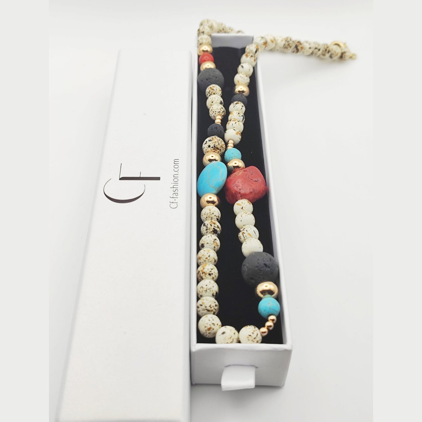 Handmade Natural Stone Necklace – Red Coral, Turquoise & Lava Beads – 18K Gold Plated & Hypoallergenic - HNSN 723 - -CF fashion