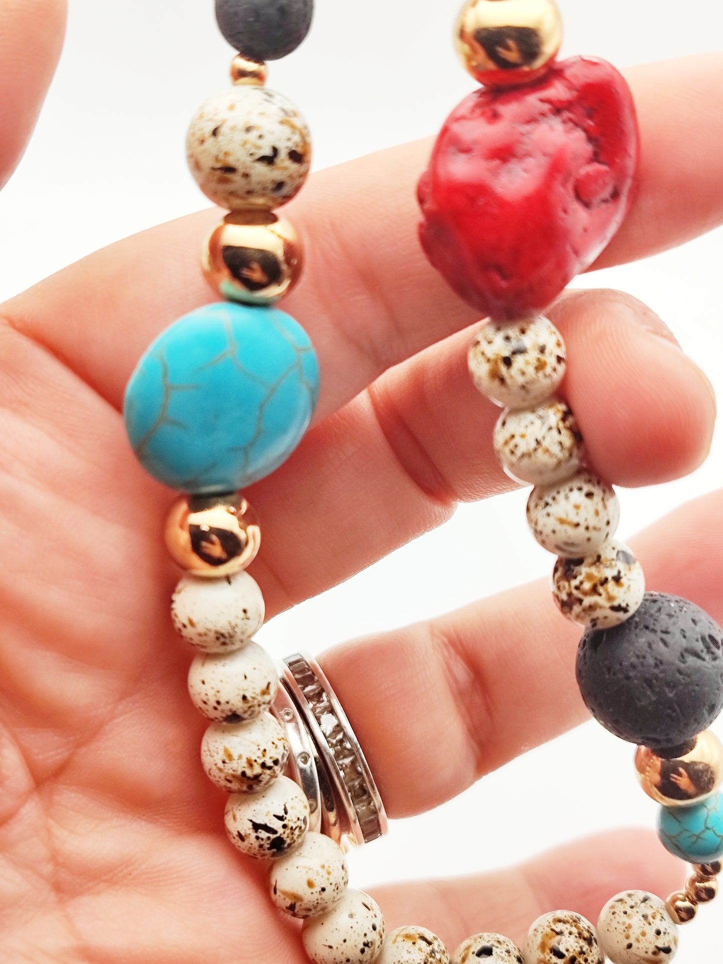 Handmade Natural Stone Necklace – Red Coral, Turquoise & Lava Beads – 18K Gold Plated & Hypoallergenic - HNSN 723 - -CF fashion