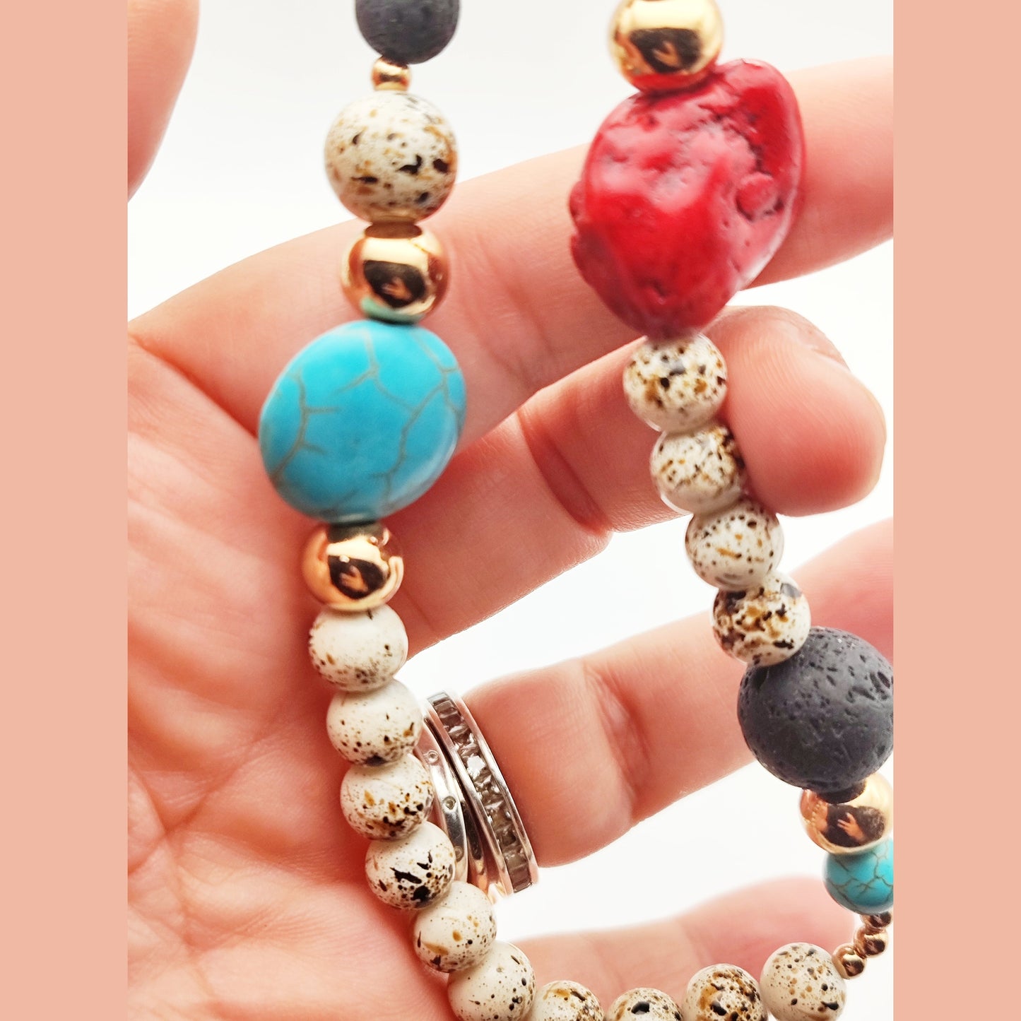 Handmade Natural Stone Necklace – Red Coral, Turquoise & Lava Beads – 18K Gold Plated & Hypoallergenic - HNSN 723 - -CF fashion