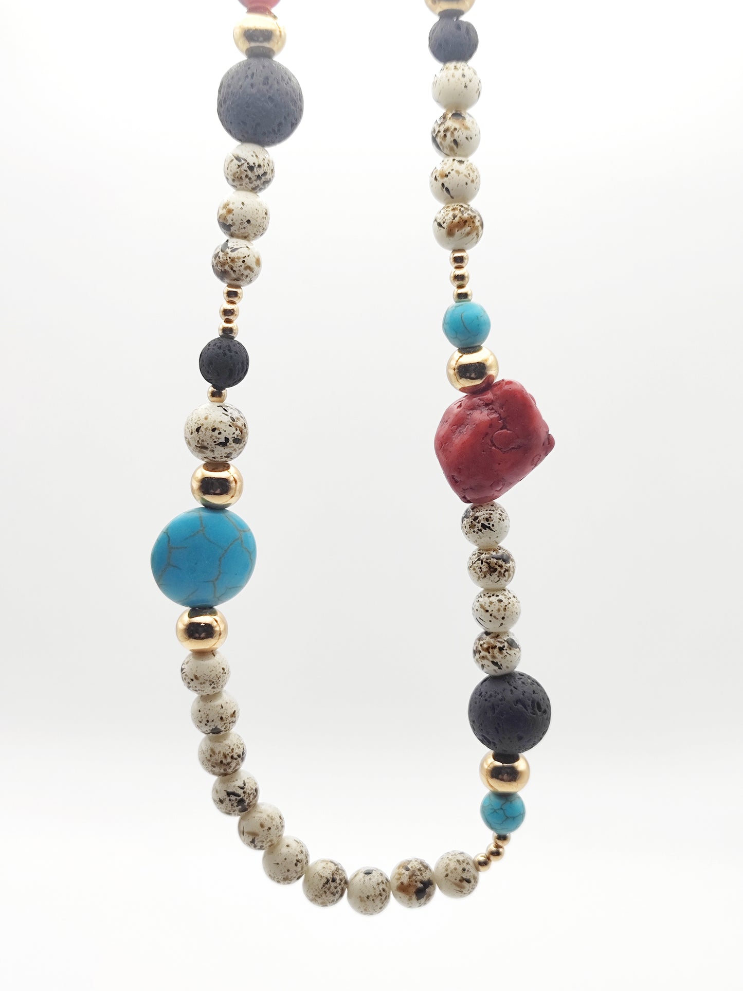 Handmade Natural Stone Necklace – Red Coral, Turquoise & Lava Beads – 18K Gold Plated & Hypoallergenic - HNSN 723 - -CF fashion