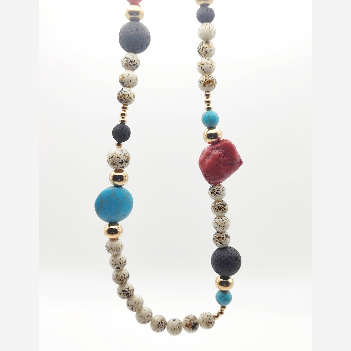 Handmade Natural Stone Necklace – Red Coral, Turquoise & Lava Beads – 18K Gold Plated & Hypoallergenic - HNSN 723 - -CF fashion