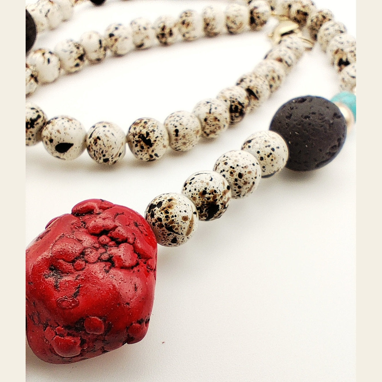 Handmade Natural Stone Necklace – Red Coral, Turquoise & Lava Beads – 18K Gold Plated & Hypoallergenic - HNSN 723 - -CF fashion