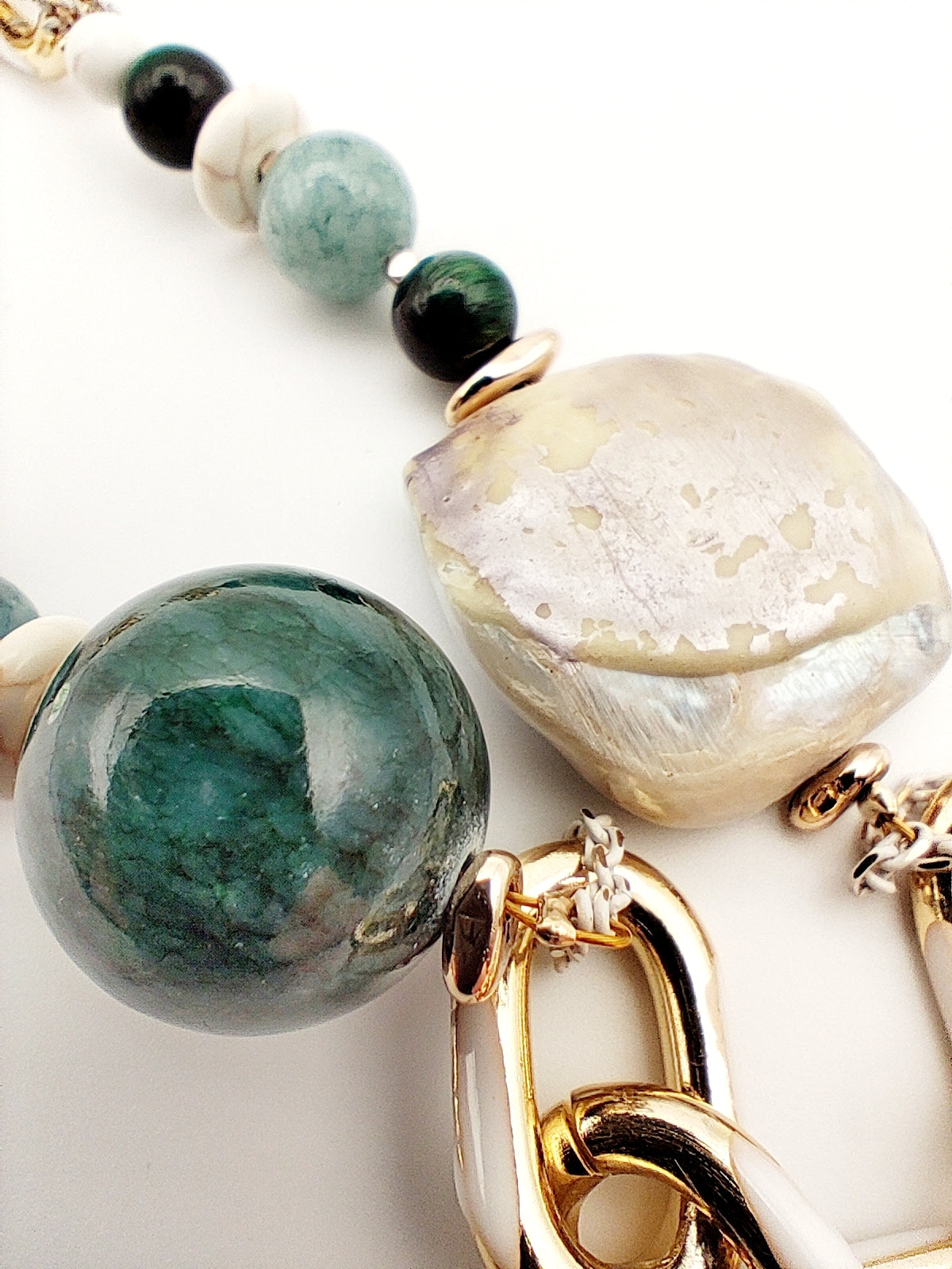 Handmade Green Gemstone & Mother of Pearl Necklace – 18K Gold Plated & Hypoallergenic