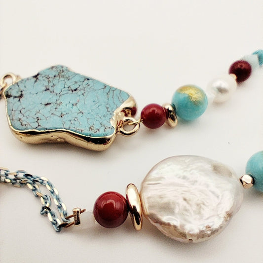 Long Statement Necklace with Raw Turquoise, Pearls & 18K Gold Plated Enamel Chain