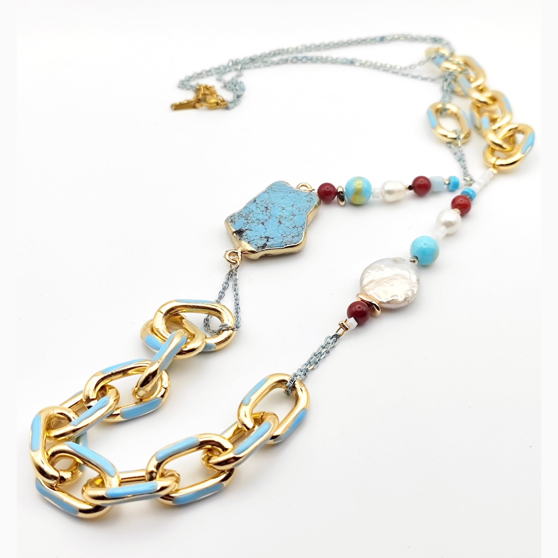 Long Statement Necklace with Raw Turquoise, Pearls & 18K Gold Plated Enamel Chain