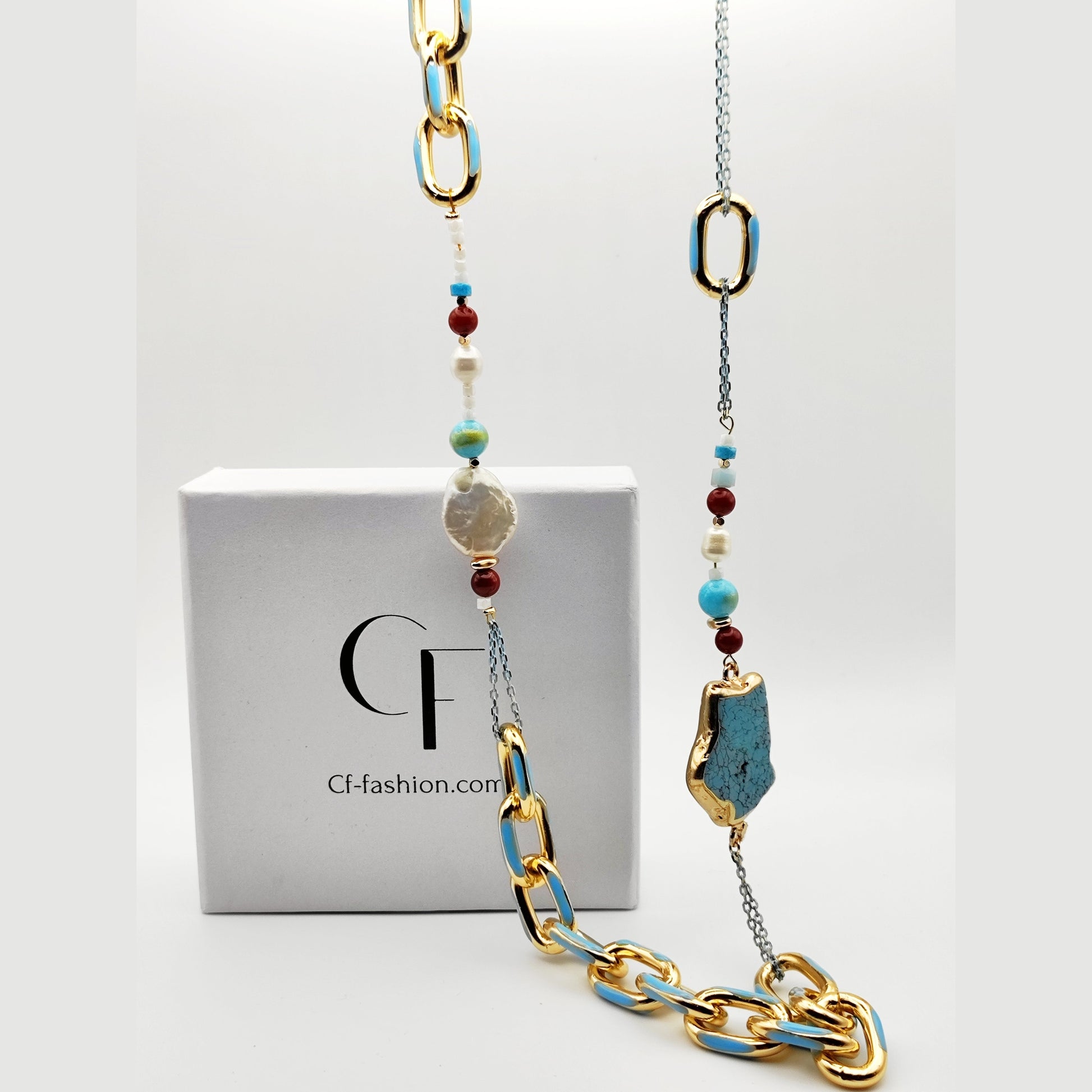 Long Statement Necklace with Raw Turquoise, Pearls & 18K Gold Plated Enamel Chain
