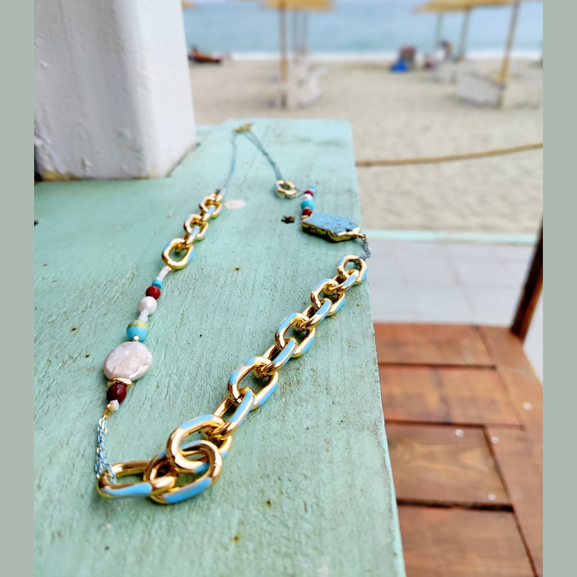 Long Statement Necklace with Raw Turquoise, Pearls & 18K Gold Plated Enamel Chain