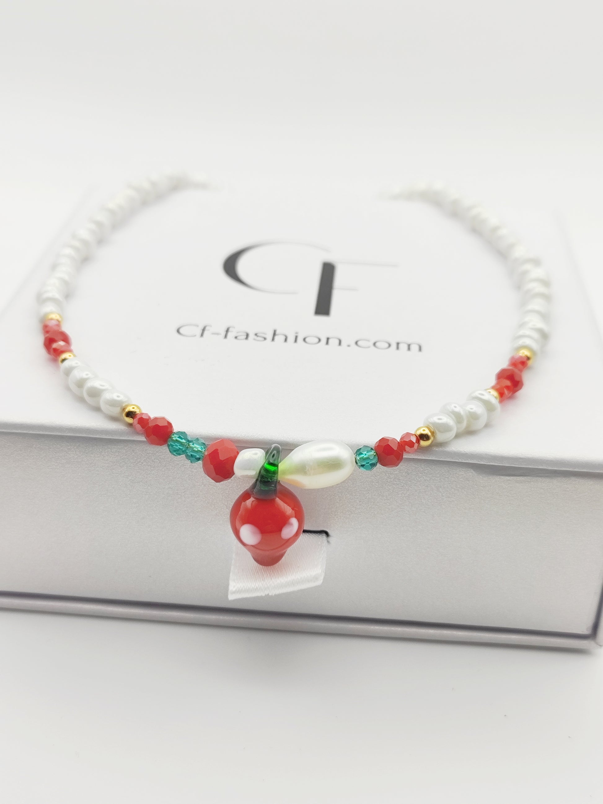 Handmade Strawberry Pendant Necklace – Cultured Freshwater Pearls & Stainless Steel