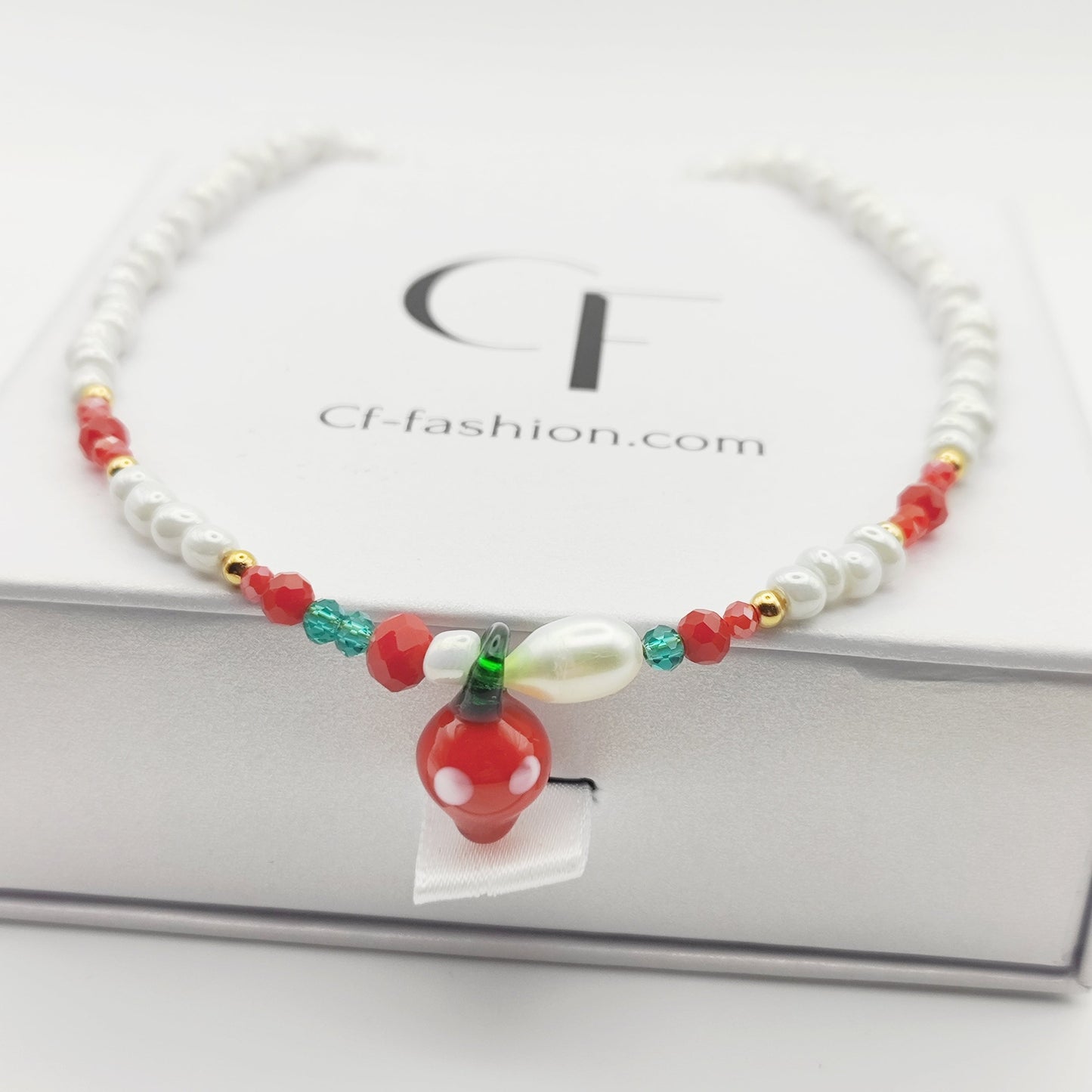 Handmade Strawberry Pendant Necklace – Cultured Freshwater Pearls & Stainless Steel