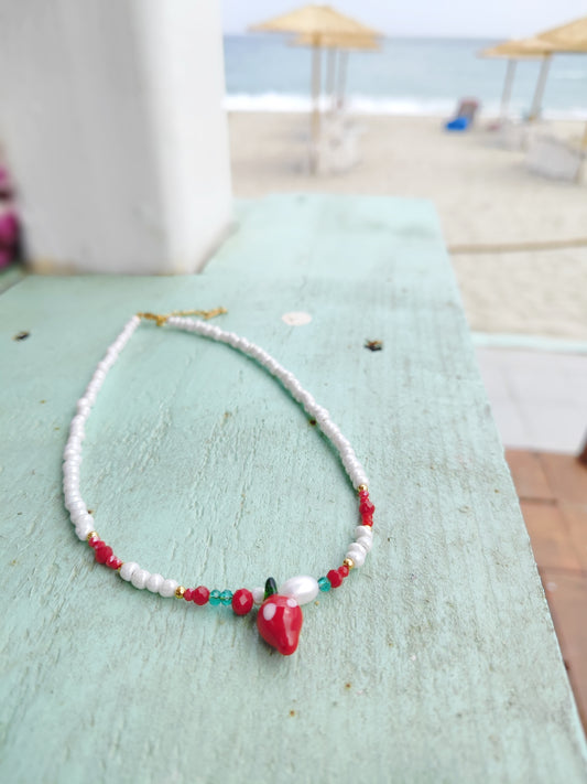 Handmade Strawberry Pendant Necklace – Cultured Freshwater Pearls & Stainless Steel