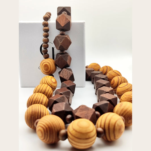 Handmade Geometric Wooden Bead Necklace – Natural & Dark Wood Statement Jewelry - HNSN 727 - CF fashion