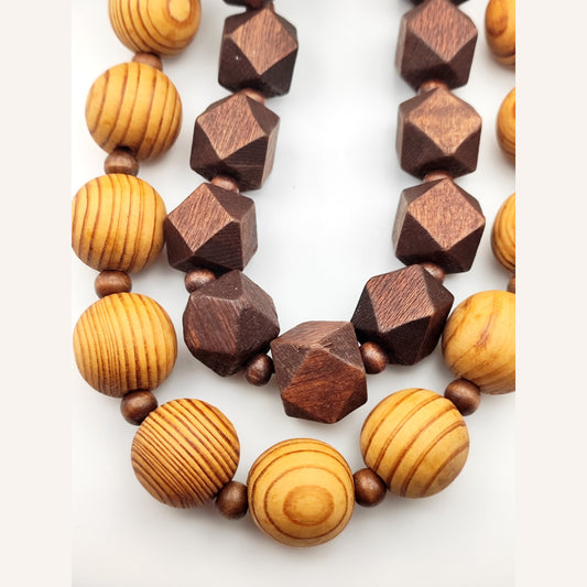 Handmade Geometric Wooden Bead Necklace – Natural & Dark Wood Statement Jewelry - HNSN 727 - CF fashion
