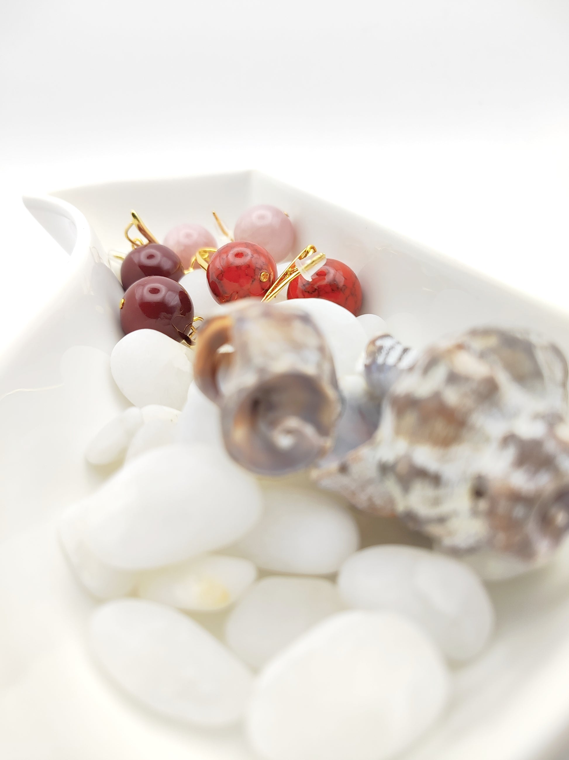 Elegant 18K Gold Plated Gemstone Earrings – Rose Quartz, Red Jasper & Burgundy Agate-handmade