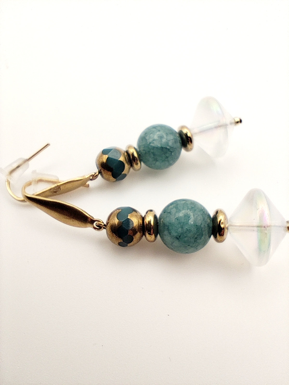 Elegant 18K Gold Plated Handmade Earrings with Amazonite and Opalite Crystals