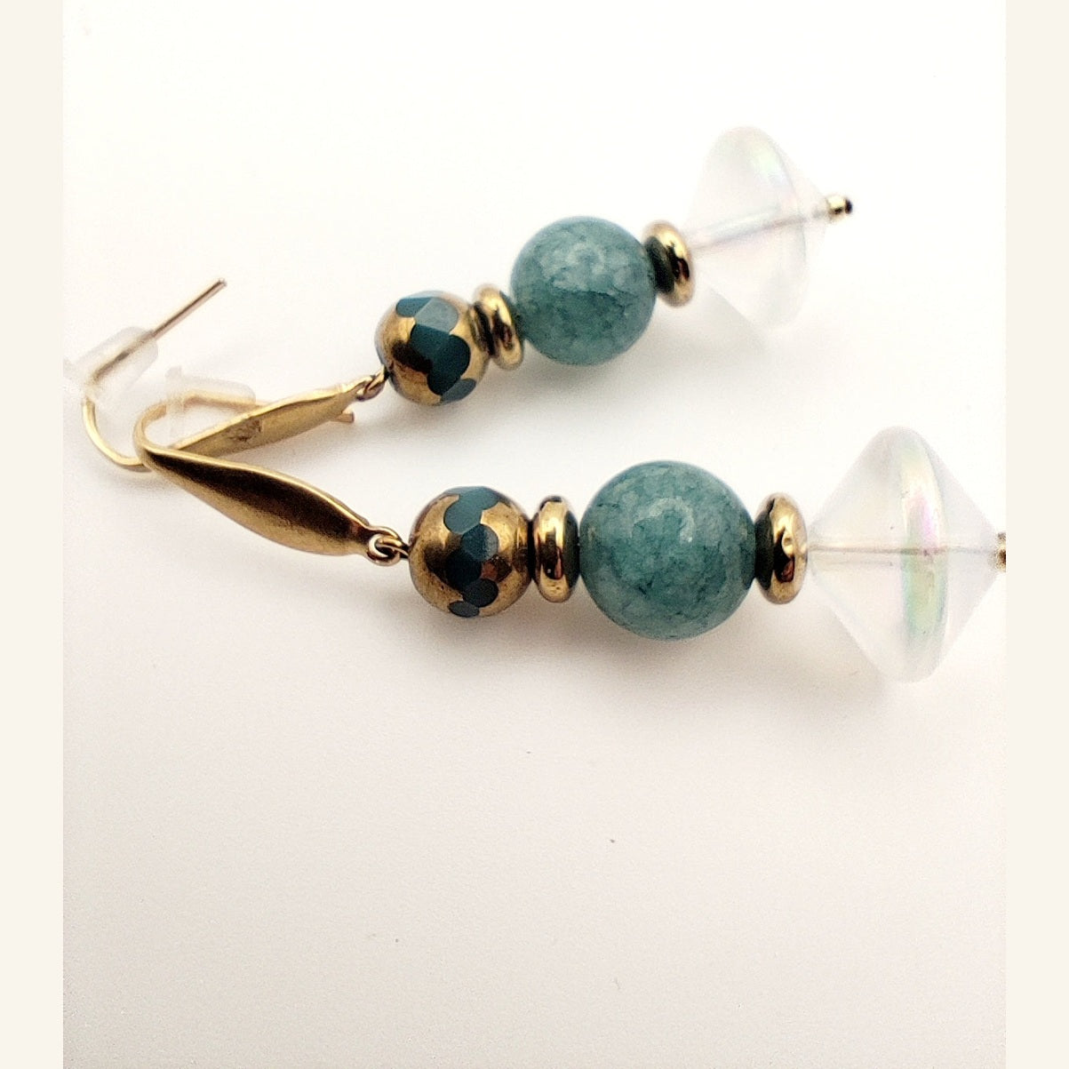 Elegant 18K Gold Plated Handmade Earrings with Amazonite and Opalite Crystals