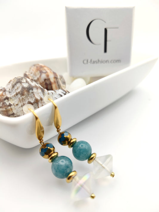 Elegant 18K Gold Plated Handmade Earrings with Amazonite and Opalite Crystals