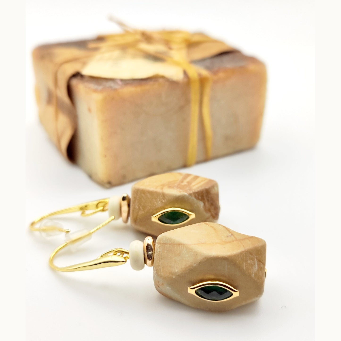 Handmade 18K Gold Plated Evil Eye Earrings with Crystal on Natural Stone – HNSE 7 - CF fashion