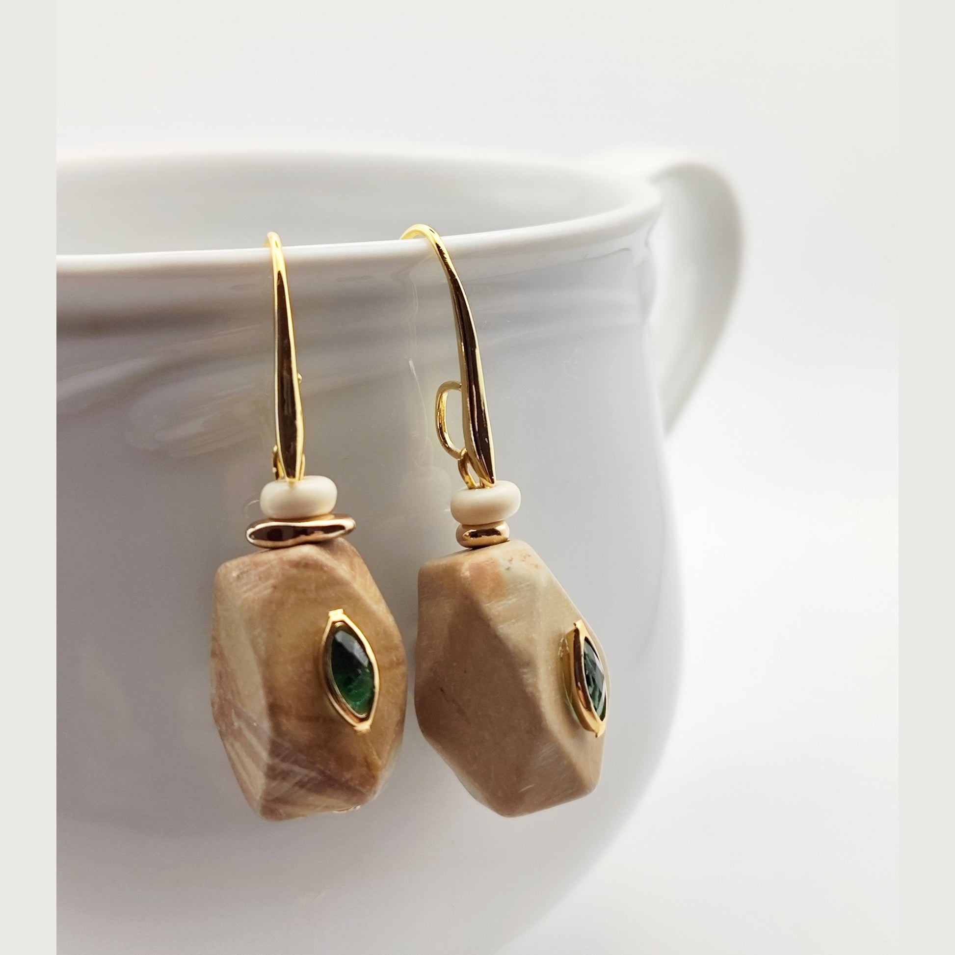 Handmade 18K Gold Plated Evil Eye Earrings with Crystal on Natural Stone – HNSE 7 - CF fashion