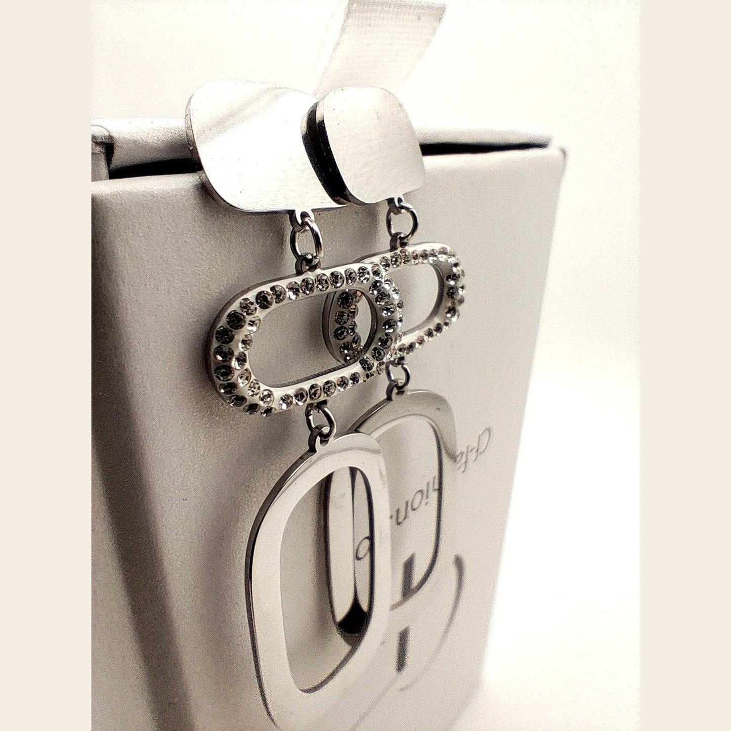 Elegant Long Geometric Stainless Steel Earrings with Sparkling Rhinestones – Hypoallergenic -SSE 702 - CF fashion