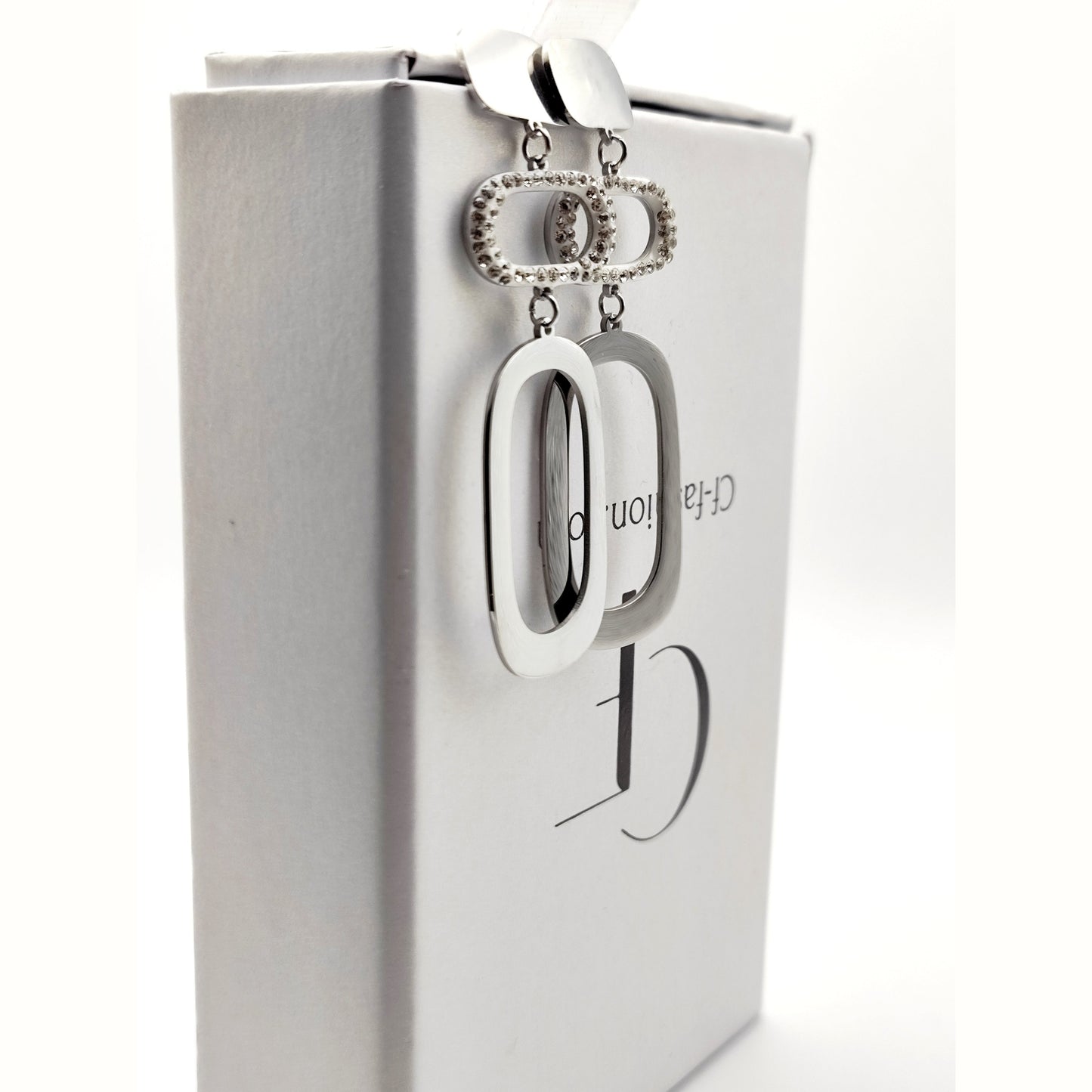 Elegant Long Geometric Stainless Steel Earrings with Sparkling Rhinestones – Hypoallergenic -SSE 702 - CF fashion