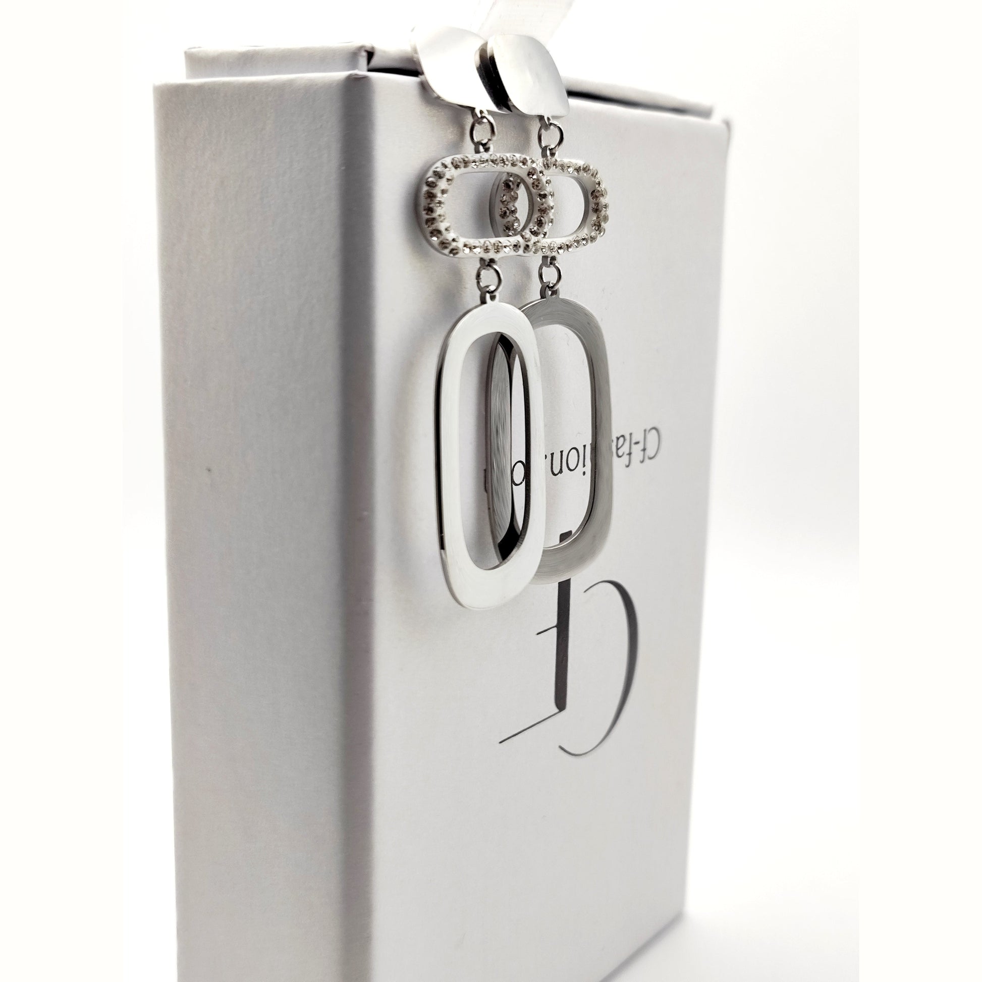 Elegant Long Geometric Stainless Steel Earrings with Sparkling Rhinestones – Hypoallergenic -SSE 702 - CF fashion