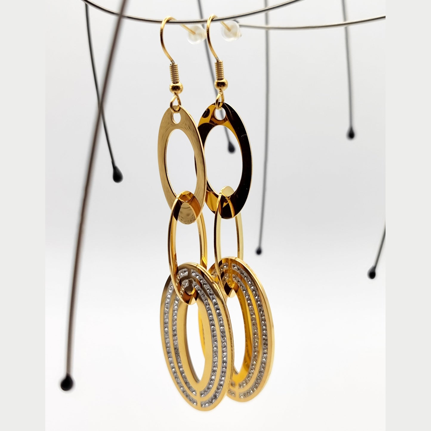 Long Stainless Steel Crystal Drop Earrings – Statement Sparkling Dangle Jewelry for Evening Outfits