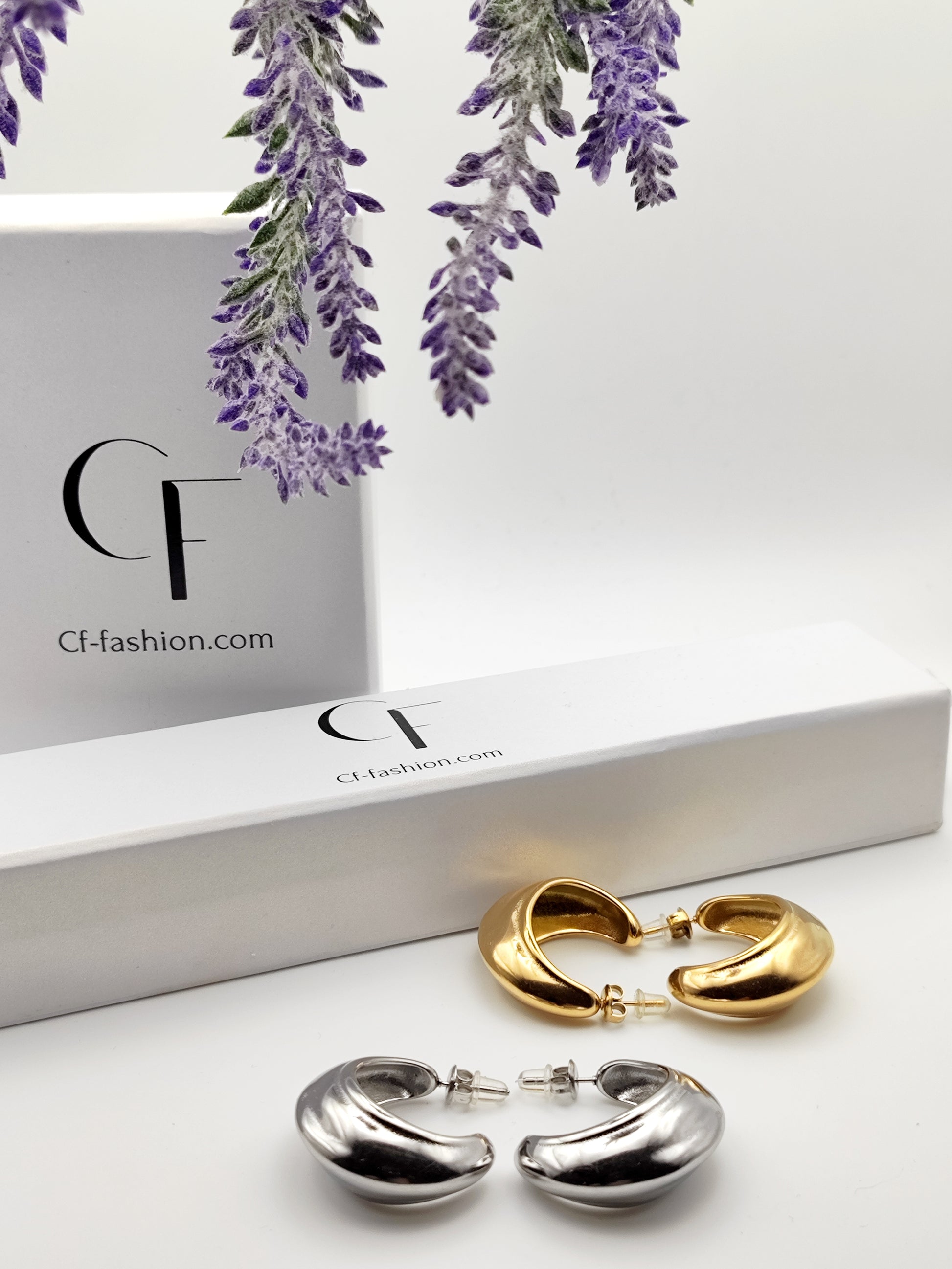 Bold Curved Stainless Steel Hoop Earrings – Wide Ancient Greek Style Hoops in Silver or Gold