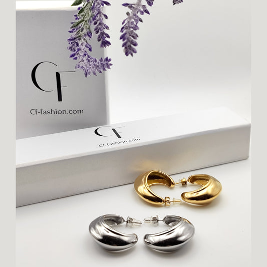 Bold Curved Stainless Steel Hoop Earrings – Wide Ancient Greek Style Hoops in Silver or Gold