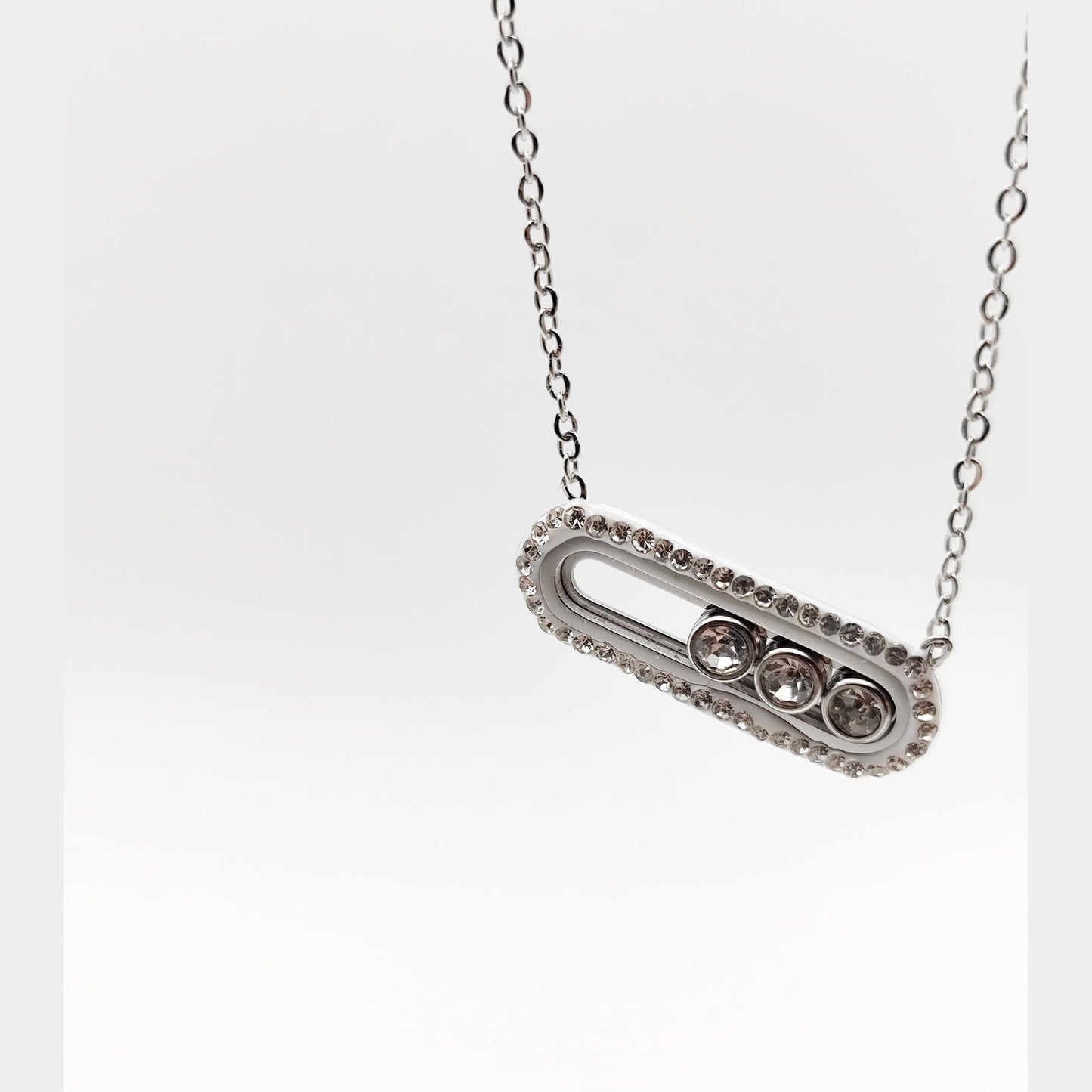 Moving Bar Necklace – Stainless Steel Short Pendant with Moving Zirconia Stones