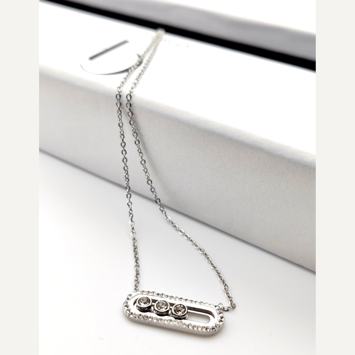 Moving Bar Necklace – Stainless Steel Short Pendant with Moving Zirconia Stones -SSN 708 -CF fashion
