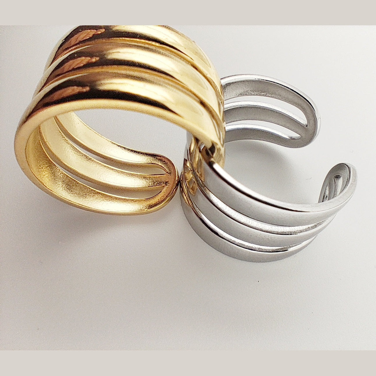 Three Rows Ring – Adjustable Polished Stainless Steel Statement Ring – Hypoallergenic & Waterproof -